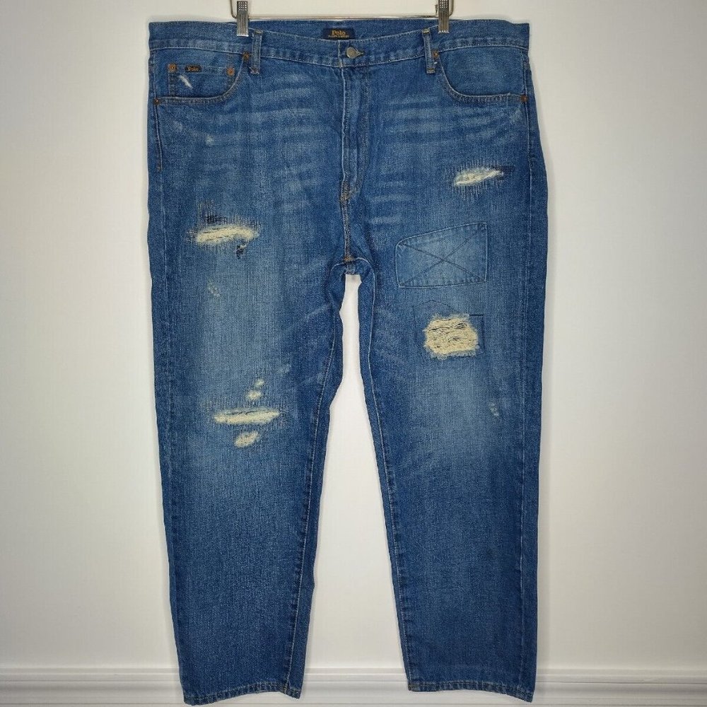 Polo Ralph Lauren The Varick Slim Straight Jeans Distressed Patchwork Mens 44x30